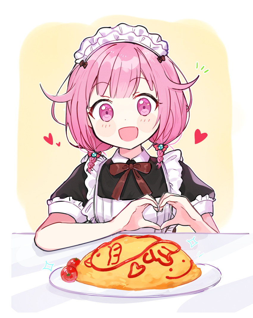 1girl absurdres apron blunt_bangs blush bow bowtie brown_bow brown_bowtie commentary_request dot_nose food hair_ornament heart heart_hands highres ketchup maid_apron maid_headdress omelet ootori_emu open_mouth pink_eyes pink_hair pjmiyo plate project_sekai short_sleeves smiley_face solo star_(symbol) twintails