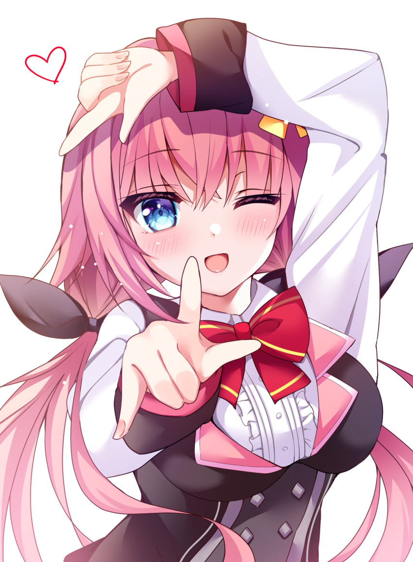 1girl ;d arm_up black_bow blue_eyes blush bow breasts center_frills commentary crossed_bangs eyelashes eyes_visible_through_hair fingernails frills hair_between_eyes hair_bow hakugan hamidashi_creative hand_up heart highres index_finger_raised issatsu_no_arrow_(meme) large_breasts long_hair long_sleeves looking_at_viewer low_twintails meme one_eye_closed open_mouth pink_hair pinky_out pointing pointing_at_viewer red_bow school_uniform shirt simple_background smile solo tokiwa_kano twintails upper_body very_long_hair white_background white_shirt