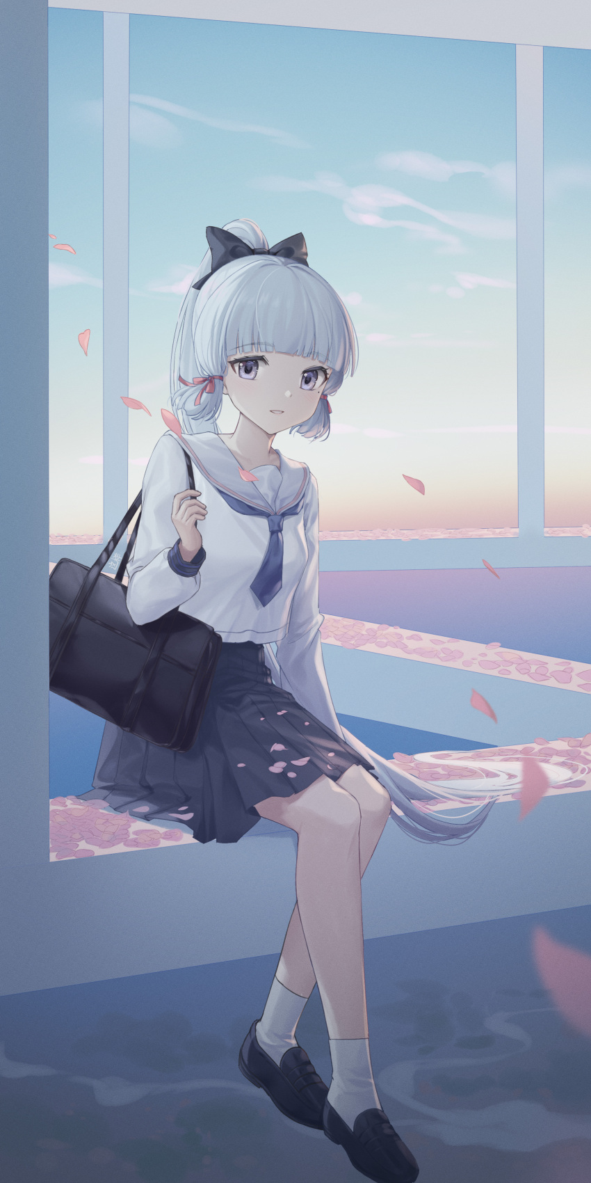 1girl :d absurdres bag blunt_bangs blurry bow classroom collarbone commentary depth_of_field english_commentary falling_petals genshin_impact grey_eyes grey_hair hair_bow hair_ribbon highres indoors kamisato_ayaka kamisato_ayaka_(heytea) long_hair long_sleeves looking_at_viewer official_alternate_costume petals pleated_skirt ponytail ribbon school_uniform serafuku shoulder_bag sidelocks sitting_on_fence skirt smile solo tress_ribbon twilight window zx961219