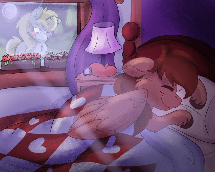 ambiguous_gender bed bedding bedroom blanket blonde_hair blonde_mane blue_eyes cheek_tuft chest_tuft digital_media_(artwork) duo equid equine euspuche eye_scar eyes_closed facial_scar facial_tuft fan_character feathered_wings feathers feral flower full_moon fur furniture hair hasbro hi_res hooves horn lamp leg_tuft mammal mane moon my_little_pony pegasus pillow plant red_body red_feathers red_fur red_hair red_mane scar sleeping smile smirk tail tuft unicorn window wings yellow_tail