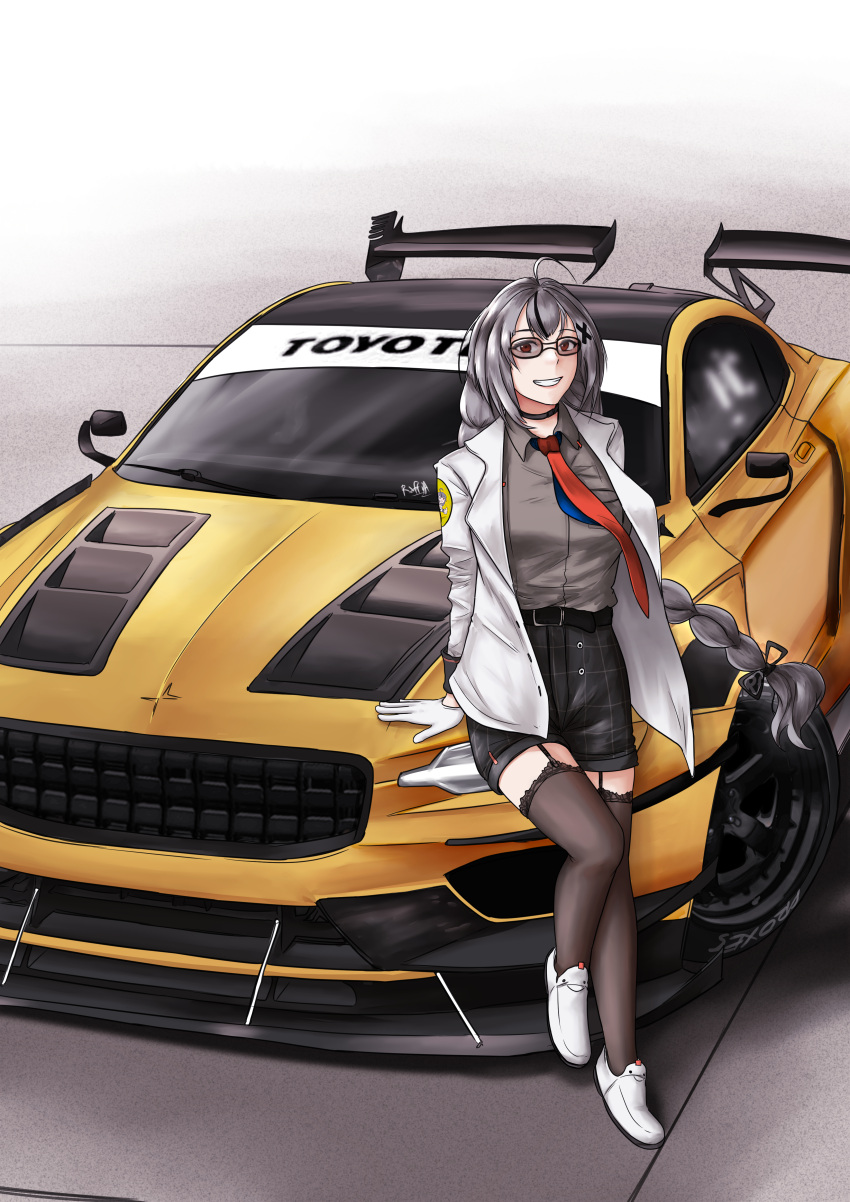 1girl absurdres belt black_belt black_choker black_hair black_shorts black_thighhighs braid breasts car choker collared_shirt commentary cowlick english_commentary garter_straps glasses grey_hair grey_shirt highres jacket long_hair looking_at_viewer medium_breasts motor_vehicle multicolored_hair necktie need_for_speed need_for_speed_heat nijisanji nijisanji_id on_vehicle parted_lips polestar_(company) polestar_1 raffijoe5 red_necktie shirt shirt_tucked_in shoes shorts sitting smile solo spoiler_(automobile) streaked_hair thighhighs twin_braids vehicle_focus very_long_hair virtual_youtuber white_footwear white_jacket xia_ekavira