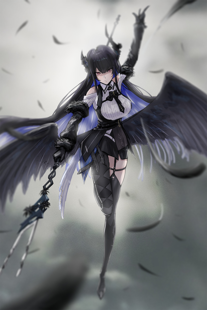 1girl argyle argyle_legwear arm_up ascot asymmetrical_legwear belt black_ascot black_belt black_feathers black_gloves black_hair black_thighhighs black_wings blue_hair blurry breasts closed_mouth cloud cloudy_sky demon_horns depth_of_field falling_feathers feathered_wings feathers full_body fur-trimmed_sleeves fur_trim gloves grey_sky highres holding holding_polearm holding_weapon hololive hololive_english horns large_breasts large_wings long_hair looking_at_viewer low_wings mole mole_under_eye nerissa_ravencroft polearm purple_eyes sky solo thigh_strap thighhighs uneven_horns v-shaped_eyebrows varsien very_long_hair virtual_youtuber weapon wing_collar wings