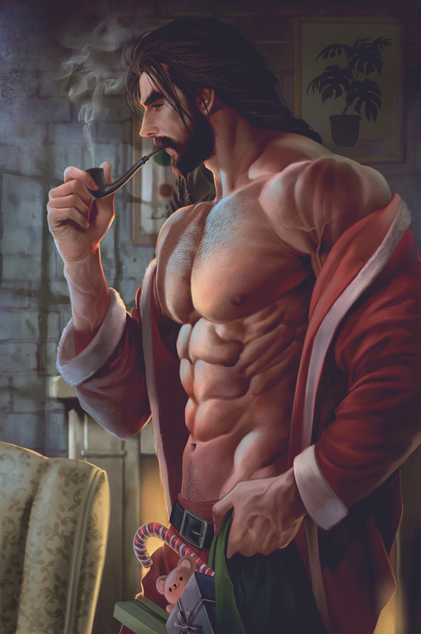 1boy abs absurdres aenaluck bara beard belt black_belt black_hair box candy candy_cane carlnes_(aenaluck) facial_hair food gift gift_box highres holding holding_sack holding_smoking_pipe large_pectorals male_focus medium_hair muscular muscular_male navel nipples open_clothes open_shirt original pants pectorals pipe_in_mouth red_pants red_shirt sack santa_costume shirt smoking_pipe solo stuffed_animal stuffed_toy teddy_bear