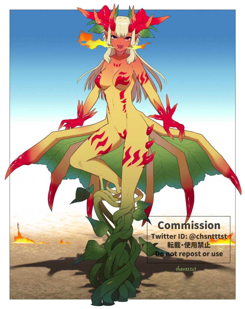 1girl artist_name blonde_hair blue_background breasts breathing_fire brown_background chili_pepper claws colored_skin commission completely_nude fangs fire full_body green_skin highres horns kizuta_(barometz) leaf long_hair looking_at_viewer medium_breasts monster_girl multicolored_skin multiple_horns nipples no_feet nude open_mouth orange_skin original outdoors plant_girl pointy_ears red_eyes red_horns sidelocks skeb_commission solo standing twitter_username yellow_skin