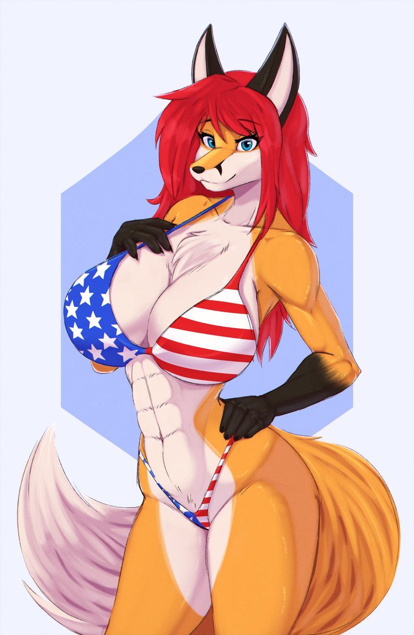 absurd_res anthro big_breasts breasts canid canine clothed clothing digital_media_(artwork) female fox fur hair hi_res looking_at_viewer mammal red_hair shaded simple_background smile solo stars_and_stripes swimwear tail united_states_of_america yukkooart