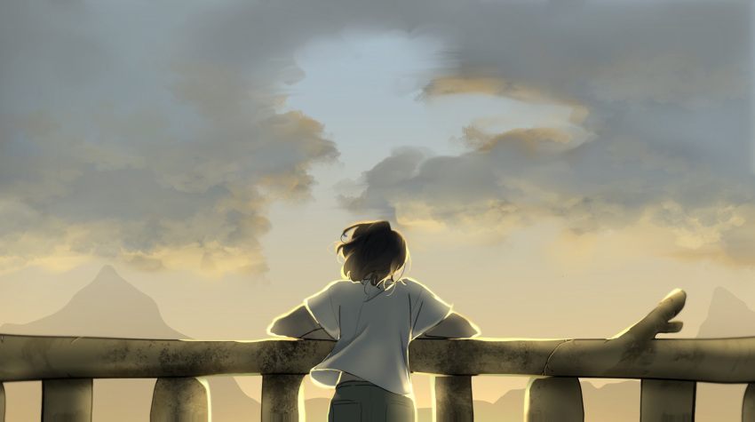 1girl amphibia black_hair blue_sky cloud cloudy_sky highres marcy_wu mountainous_horizon outdoors railing shirt short_hair short_sleeves sky solo twilight white_shirt yum3yum1