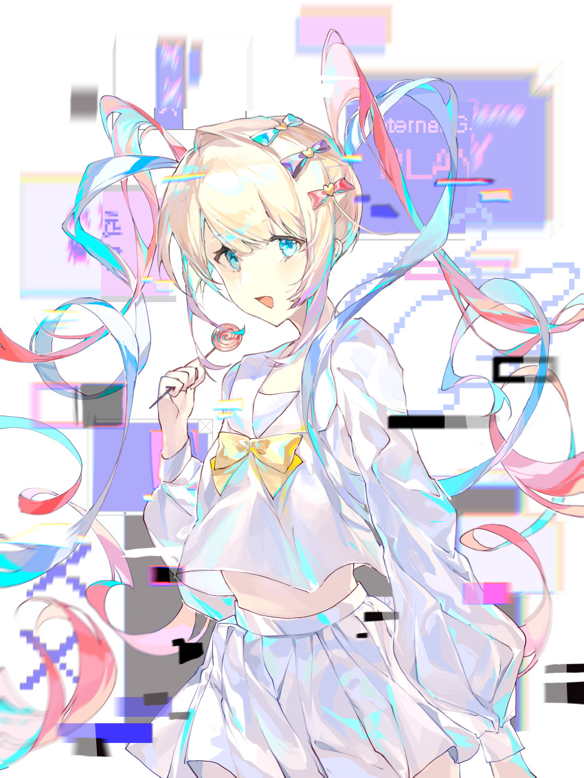 1girl :d absurdres blonde_hair blue_bow blue_eyes blue_hair bow candy chinese_commentary chouzetsusaikawa_tenshi-chan commentary_request ee63567857 food glitch hair_bow hair_ornament hand_up heart heart_hair_ornament highres holding holding_candy holding_food holding_lollipop holographic_clothing lollipop long_hair long_sleeves looking_at_viewer midriff multicolored_hair navel needy_girl_overdose open_mouth pink_bow pink_hair pleated_skirt purple_bow quad_tails sailor_collar school_uniform serafuku shirt skirt smile solo twintails very_long_hair white_shirt white_skirt window_(computing) yellow_bow