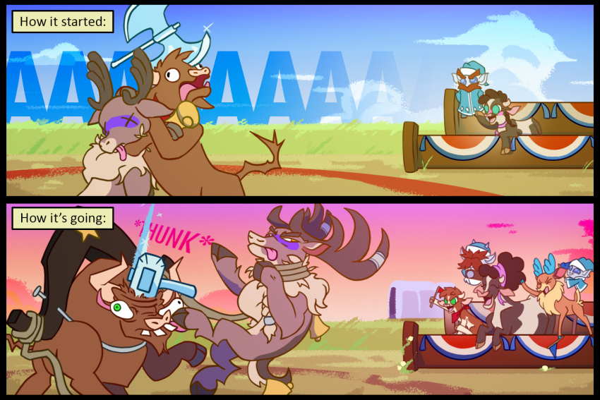 2023 2_panel_comic 2koma aged_down arizona_cow_(tfh) axe bovid bovine cattle comic digital_media_(artwork) female feral fight group hammer male mammal minnesota_(tfh) stronghoof_hoofstrong_(tfh) texas_(tfh) tfhtrivia them's_fightin'_herds tongue tongue_out tools velvet_reindeer_(tfh) vetr_(tfh) weapon winter_sprite x_eyes