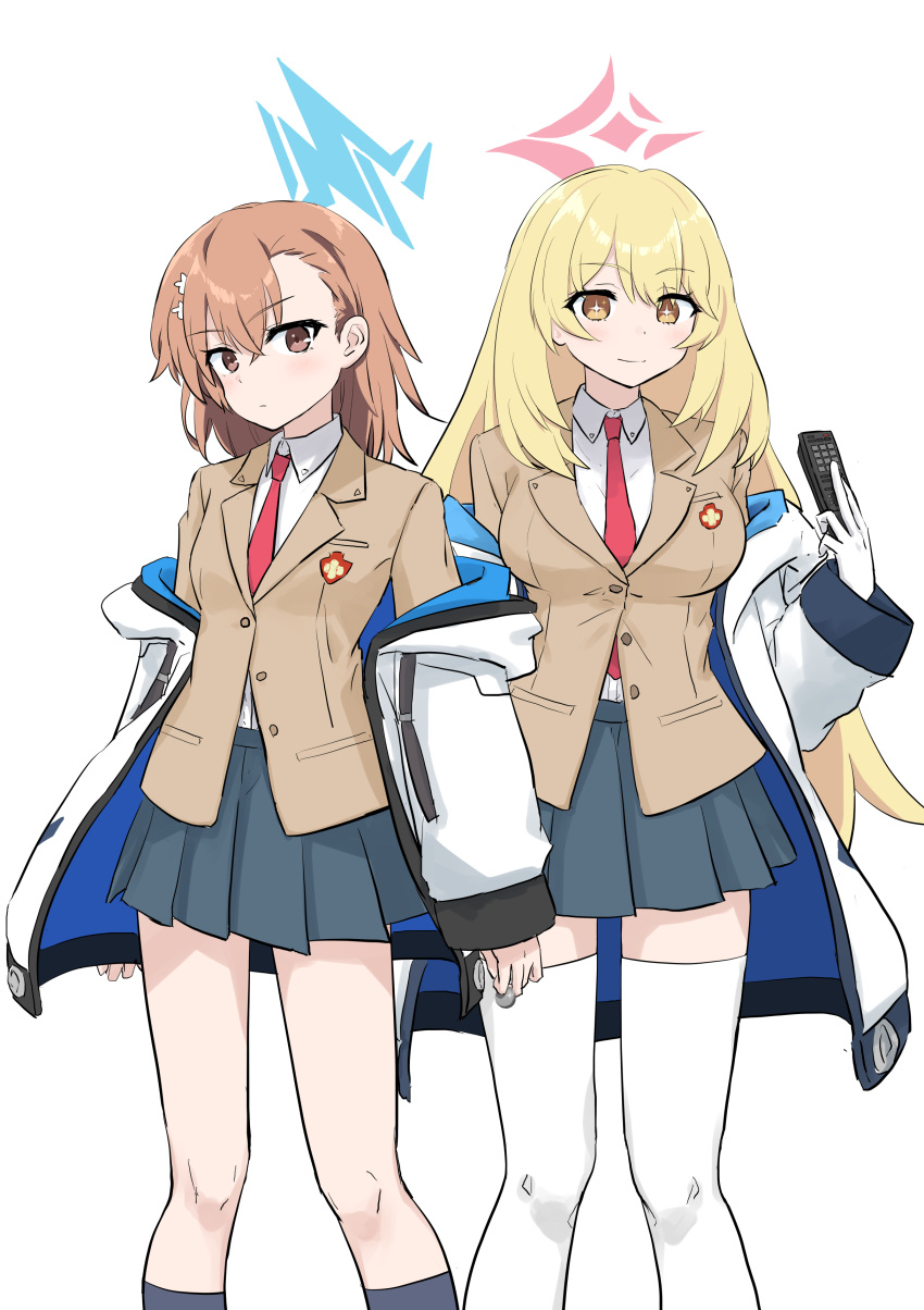 2girls absurdres blazer blonde_hair blue_archive blue_halo breast_pocket breasts brown_eyes brown_hair brown_jacket closed_mouth coin collared_shirt commentary_request controller grey_skirt halo highres holding holding_coin holding_remote_control imonoiruku jacket large_breasts long_hair long_sleeves medium_hair misaka_mikoto multiple_girls necktie off_shoulder partially_unbuttoned pink_halo pleated_skirt pocket red_necktie remote_control school_emblem school_uniform shirt shokuhou_misaki side-by-side skirt sparkling_eyes thighhighs toaru_kagaku_no_railgun toaru_majutsu_no_index tokiwadai_school_uniform white_background white_jacket white_shirt white_thighhighs winter_uniform yellow_eyes