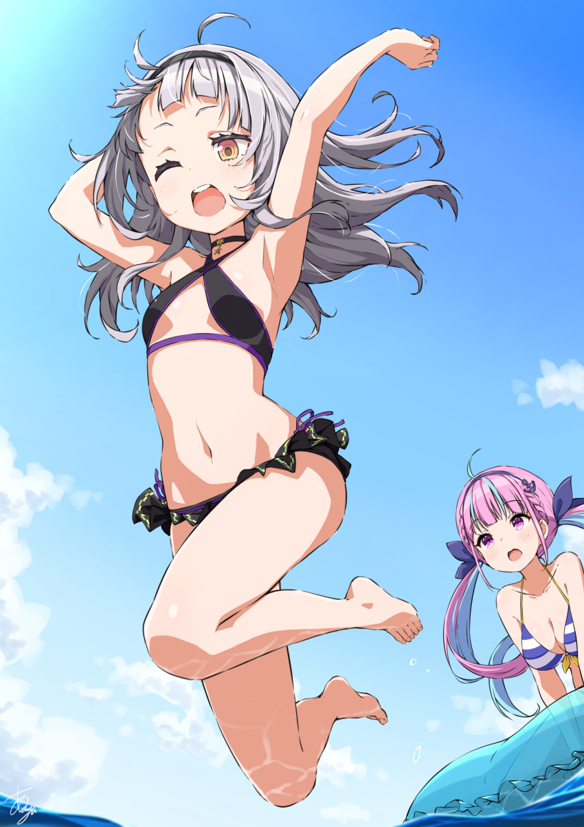 2girls ;d absurdres ahoge armpits arms_up asanaya bare_shoulders barefoot bikini black_bikini black_choker black_hairband blue_hair blue_hairband blue_sky breasts choker cloud collarbone commentary_request criss-cross_halter day feet grey_hair hairband halterneck highres hololive jumping legs long_hair looking_at_another marine_day medium_breasts midair minato_aqua minato_aqua_(2nd_costume) multicolored_hair multiple_girls murasaki_shion murasaki_shion_(3rd_costume) navel ocean one_eye_closed open_mouth outdoors purple_eyes purple_hair revision signature sky sling_bikini_top small_breasts smile stomach striped striped_bikini swimsuit teeth toes twintails two-tone_hair upper_teeth_only virtual_youtuber water yellow_eyes