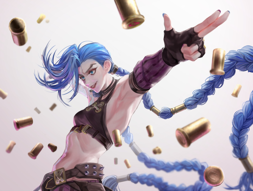 1girl absurdres arcane:_league_of_legends arcane_jinx arm_tattoo asymmetrical_bangs black_gloves blue_eyes blue_hair blue_nails braid bullet chilom cowboy_shot fingerless_gloves fingernails gloves gradient_background highres jinx_(league_of_legends) korean_commentary league_of_legends long_hair nail_polish navel outstretched_arms simple_background smile solo stomach tattoo teeth twin_braids v-shaped_eyebrows