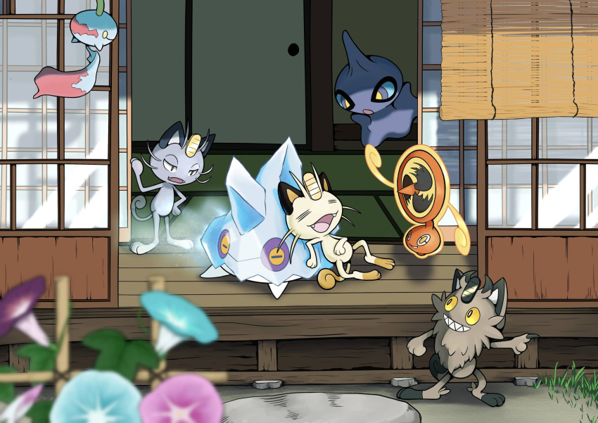 alolan_meowth animal_focus bergmite blurry blurry_foreground brown_fur cat chimecho closed_eyes coin colored_sclera commentary_request door doorway flower galarian_meowth ghost grass highres ice meowth no_humans open_mouth pokemon pokemon_(creature) purple_sclera q-chan rotom rotom_(fan) sharp_teeth shuppet tail teeth whiskers yellow_eyes