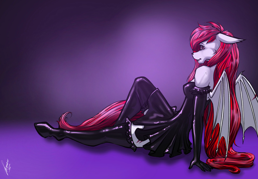 anthro bat_pony clothing dress equid equine female footwear gloves handwear hasbro horse latex_dress latex_gloves latex_socks long_mane long_tail looking_at_viewer mammal my_little_pony pinup pony pose sitting socks solo stirren tail