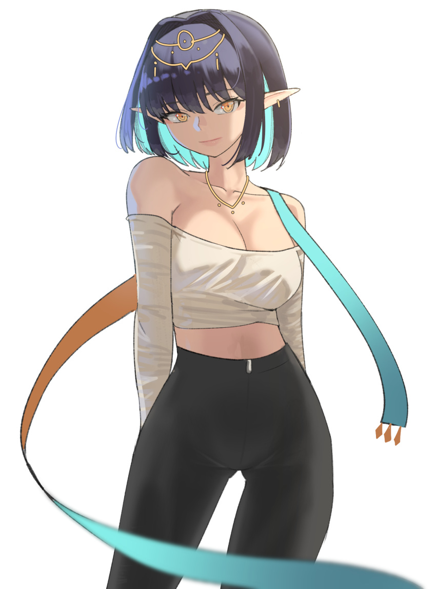 1girl arms_behind_back ass_visible_through_thighs bare_shoulders black_pants blue_hair breasts cleavage closed_mouth crop_top dark_blue_hair earrings hair_between_eyes hair_intakes headpiece highres jewelry khali_(maplestory) korean_commentary legs_apart light_blue_hair long_sleeves looking_at_viewer maplestory medium_breasts necklace off_shoulder orange_eyes orangewink pants pink_lips pointy_ears shirt short_hair simple_background smile solo standing tight tight_pants white_background white_shirt yoga_pants