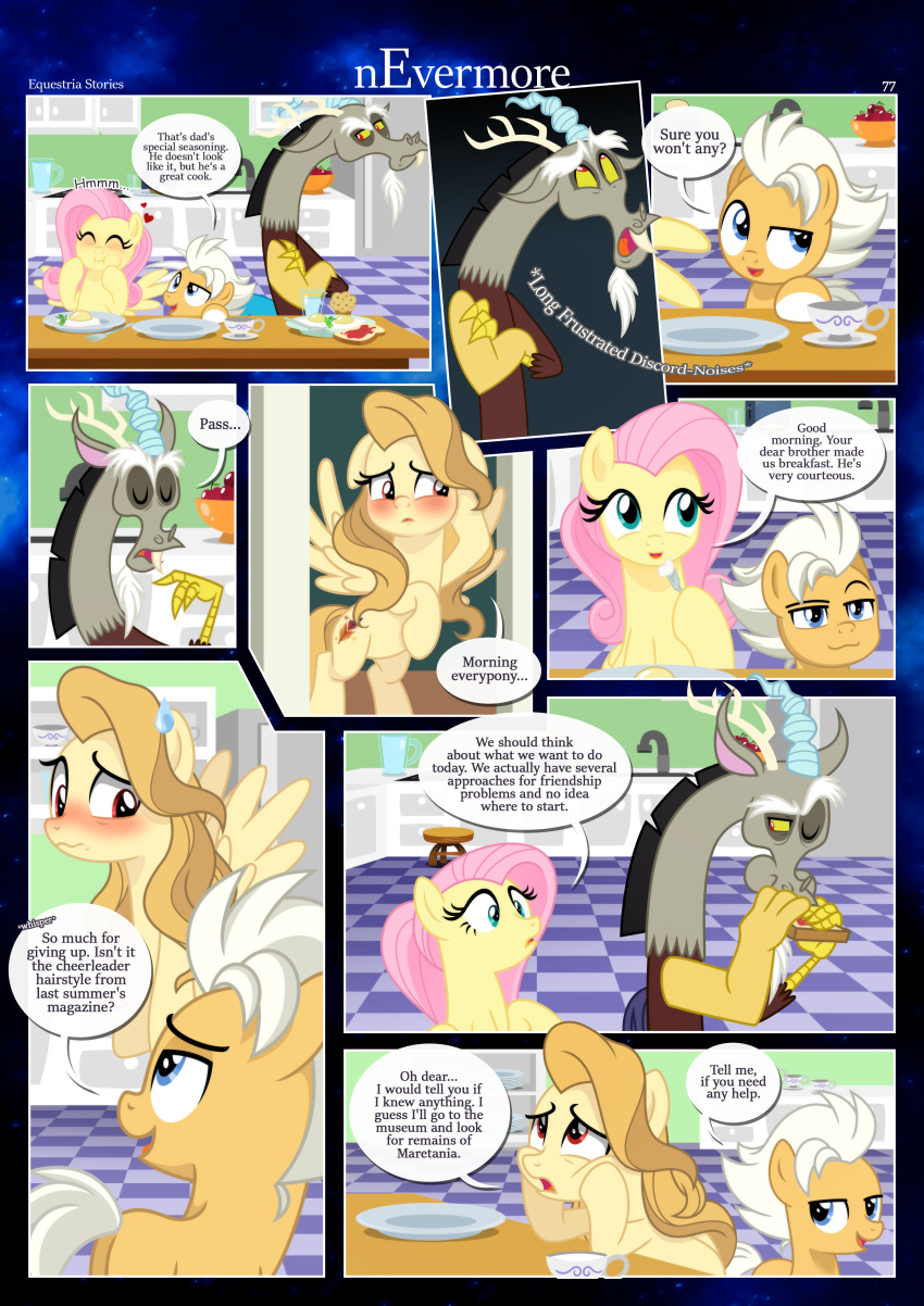 &lt;3 absurd_res alice_goldenfeather_(estories) anthro blush border bread brother_(lore) brother_and_sister_(lore) butt chimera container crossed_arms cup cutie_mark dialogue discord_(mlp) draconequus earth_pony eating equid equine estories eyebrows fable_(estories) faucet female feral floor fluttershy_(mlp) food friendship_is_magic furniture group hasbro hi_res horse inside jelly_(food) kitchen kitchen_utensils male mammal my_little_pony nervous_sweat new_look one_eye_half-closed pegasus plate pony raised_eyebrow sibling_(lore) sister_(lore) smile spread_wings stool tea_cup tile tile_floor toast tools white_border wings