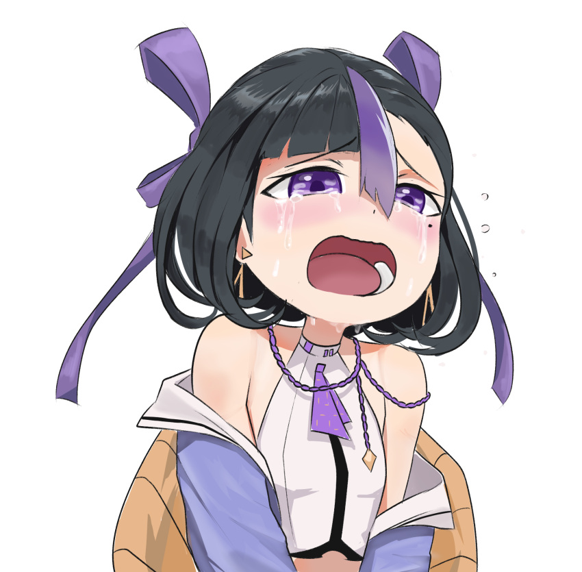 1girl black_hair crop_top crying crying_with_eyes_open goddess_of_victory:_nikke hair_ribbon highres jacket medium_hair mikkotine multicolored_hair necktie open_mouth purple_eyes purple_hair purple_jacket purple_necktie purple_ribbon ribbon shirt solo streaked_hair syuen_(nikke) tears transparent_background upper_body white_shirt
