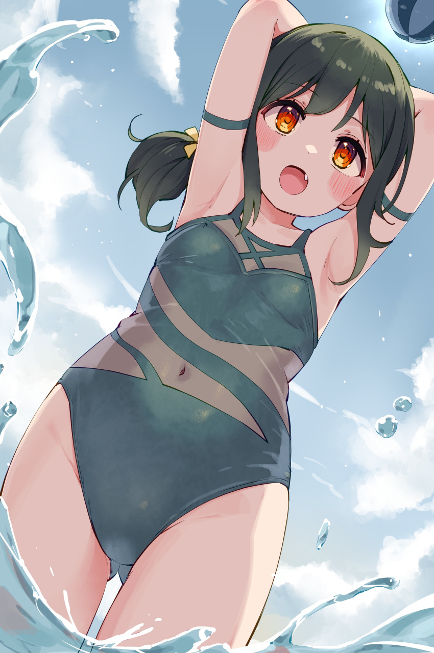 absurdres armpits arms_up ass_visible_through_thighs beach blue_sky blush breasts cloud commentary cowboy_shot cream_(nipakupa) day fang green_hair green_one-piece_swimsuit groin highres looking_at_another love_live! love_live!_nijigasaki_high_school_idol_club medium_hair mifune_shioriko navel on_water one-piece_swimsuit open_mouth ponytail red_eyes see-through sidelocks sky small_breasts sunlight swimsuit thighs water