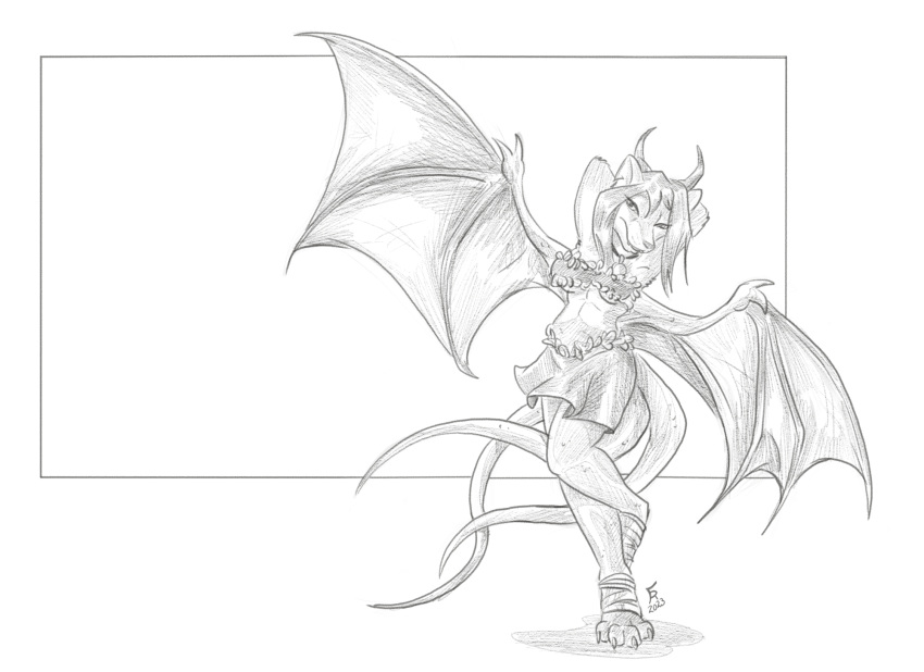 2023 alternate_species anthro bat_wings bottomwear breasts canid canine cathy_oaks clothed clothing dragon female flinters fox greyscale hi_res horn hybrid mammal membrane_(anatomy) membranous_wings midriff monochrome multi_tail skirt solo spread_wings tail wings