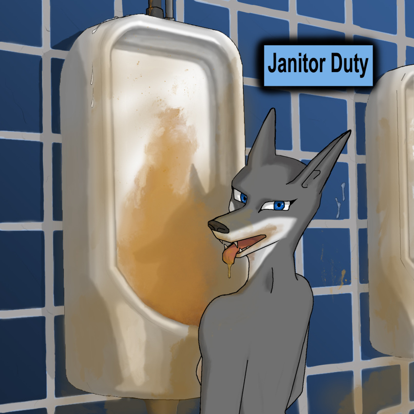 anthro artist_way2horny barely_visible_breasts bathroom bathroom_wall blue_eyes blue_wall bodily_fluids breasts canid canine canis cum cum_drip cum_on_wall dirty dripping female filth fur genital_fluids grey_body grey_fur hi_res looking_at_viewer mammal open_mouth public_restroom solo teeth tile tile_wall tongue tongue_out urinal urine urine_in_mouth urine_on_face urine_on_wall urine_stain wall_(structure) watersports way2horny wolf