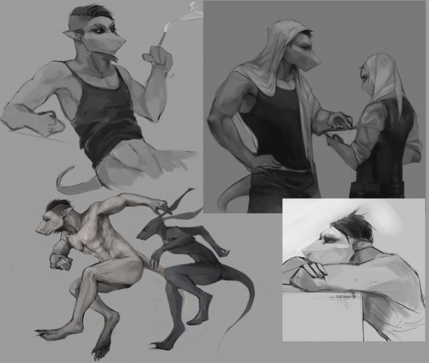 2015 abs akrolayn ambiguous_species anthro athletic athletic_anthro athletic_male black_bottomwear black_clothing black_hair black_pants black_sclera black_shirt black_tank_top black_topwear bottomless bottomwear cigarette clothed clothing digital_media_(artwork) digital_painting_(artwork) full-length_portrait fully_clothed grey_background greyscale group hair hand_on_hip jack_(akrolayn) male monochrome multiple_images navel nude pants pecs portrait scalie shirt simple_background sketch_page smoke tank_top three-quarter_portrait topwear