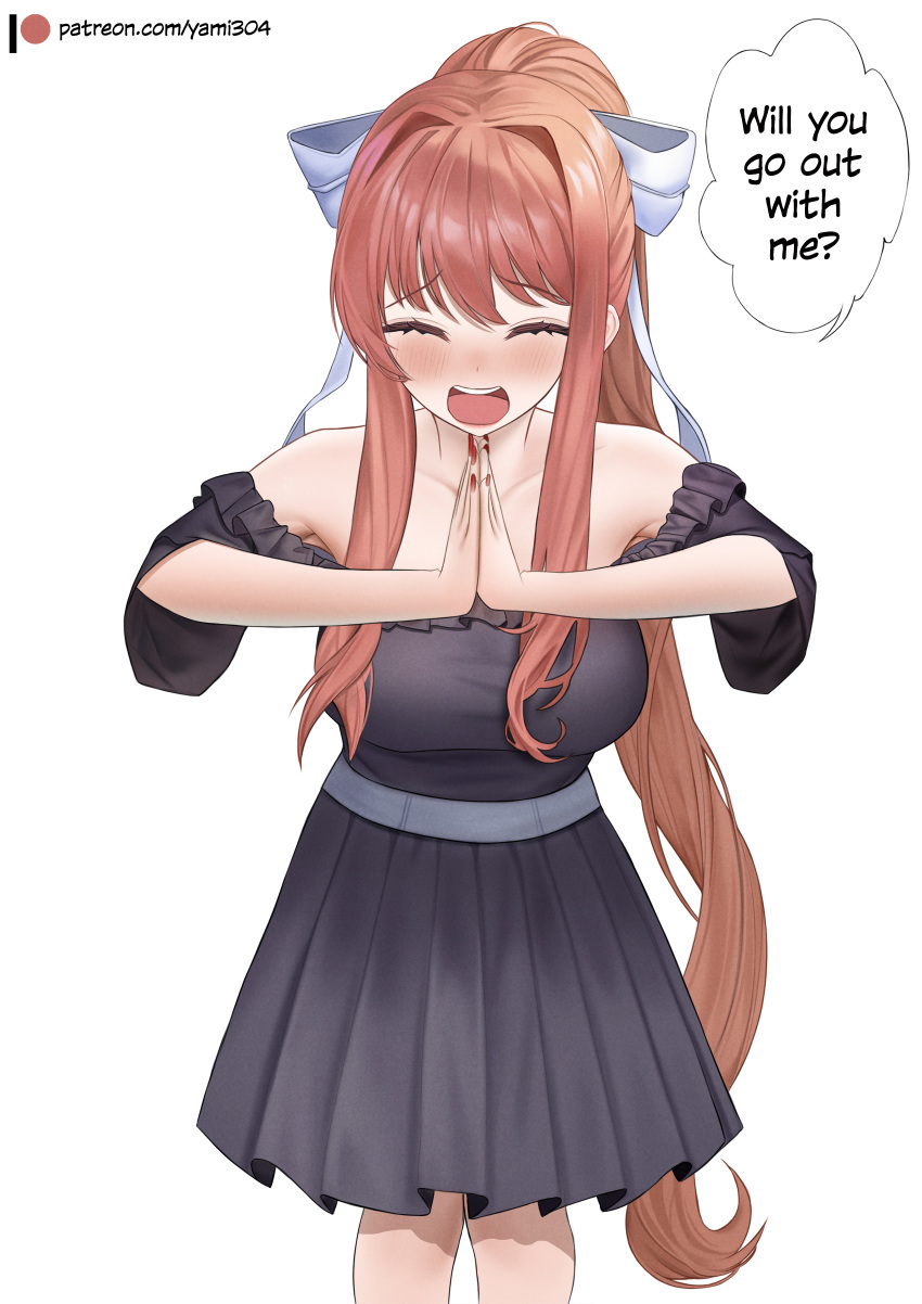 1girl ^_^ absurdres bare_shoulders black_shirt black_skirt bow breasts brown_hair closed_eyes commentary doki_doki_literature_club facing_viewer feet_out_of_frame hair_bow highres long_hair medium_breasts miniskirt monika_(doki_doki_literature_club) off-shoulder_shirt off_shoulder open_mouth own_hands_together pleated_skirt ponytail shirt short_sleeves simple_background skirt solo standing very_long_hair white_background white_bow yami_(rear4742)