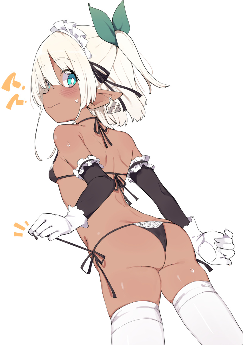 1girl ? ?? absurdres ass back bikini black_bikini blue_eyes blunt_ends blush breasts closed_mouth cowboy_shot dark-skinned_female dark_elf dark_skin elbow_gloves elf everyday_mushroom from_behind gloves green_ribbon hair_ribbon halterneck highres layered_gloves looking_at_viewer looking_back maid maid_bikini maid_headdress nervous_smile notice_lines one_side_up pointy_ears price_tag profile ribbon short_hair side-tie_bikini_bottom small_breasts smile solo string_pull sweatdrop swimsuit thighhighs thong unconventional_maid white_gloves white_hair white_thighhighs