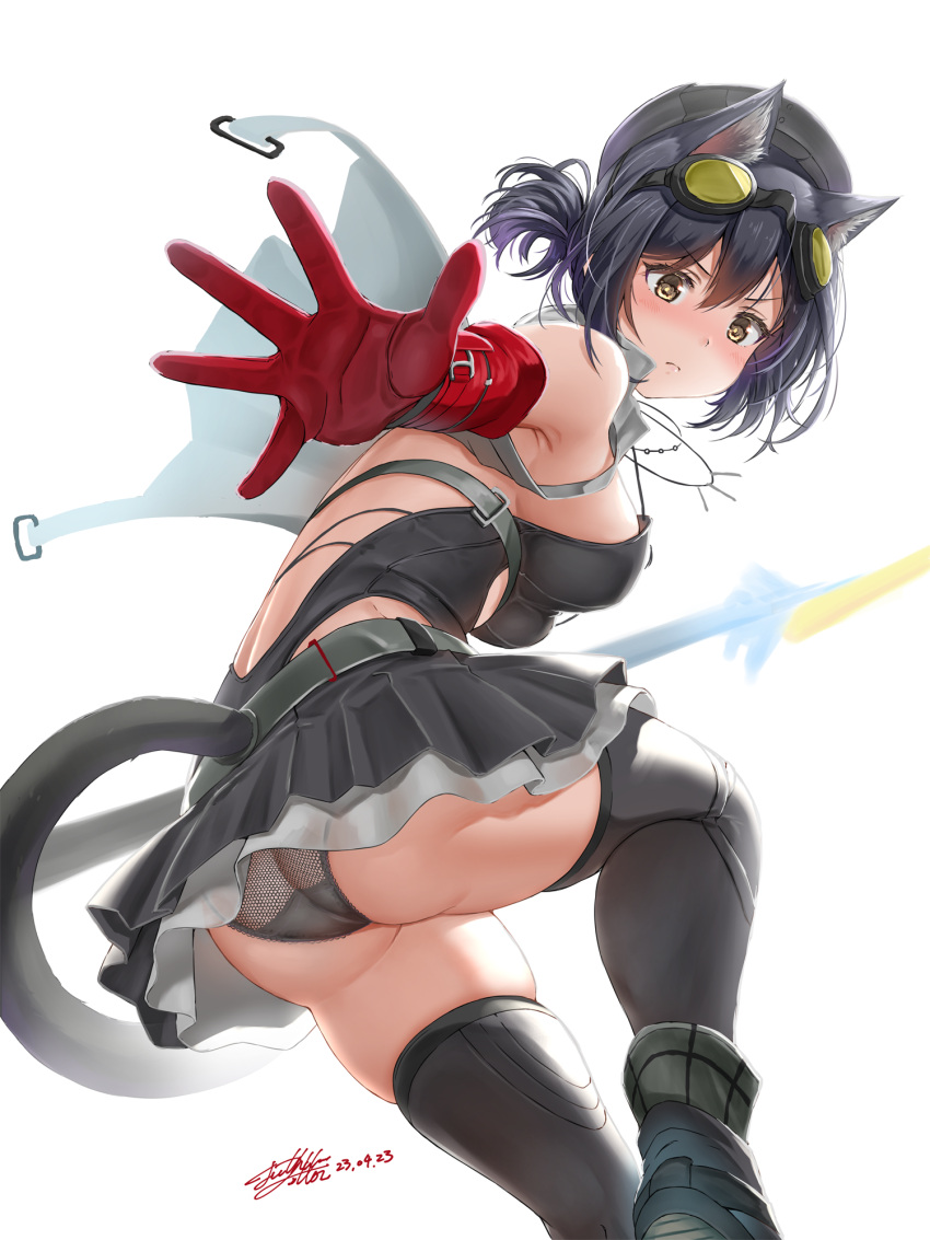 1girl animal_ears ankle_boots arknights ass bare_shoulders black_dress black_footwear black_hair black_headwear black_panties black_thighhighs boots breasts cat_ears cat_girl cat_tail closed_mouth dated dress elbow_gloves from_behind gloves goggles goggles_on_head hat highres large_breasts looking_at_viewer looking_back outstretched_arm panties red_gloves rockrock_(arknights) short_dress short_hair sideboob signature solo strap_gap tail tail_through_clothes thighhighs underwear upskirt v-shaped_eyebrows yellow_eyes yukinoshiro