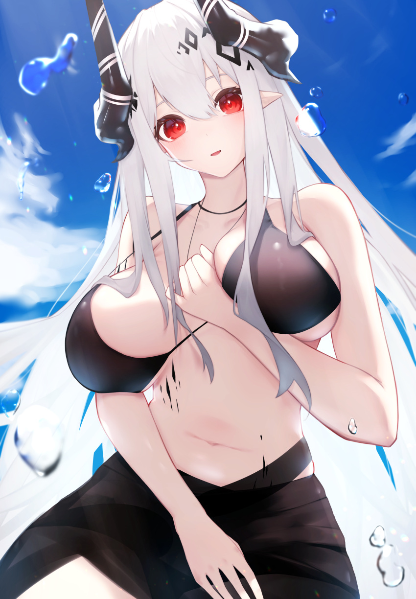 1girl :d absurdres arknights bare_shoulders bikini black_bikini blue_sky breasts cleavage day hair_ornament highres horns jewelry large_breasts long_hair looking_at_viewer mudrock_(arknights) mudrock_(silent_night)_(arknights) navel necklace official_alternate_costume oripathy_lesion_(arknights) outdoors parted_lips pointy_ears red_eyes sarong sky smile solo swimsuit unaligned_breasts very_long_hair water white_hair worimehl