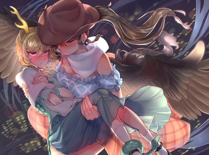 2girls antlers bandana black_footwear black_hair black_wings blonde_hair blue_shirt blush breasts brown_headwear carrying cleavage closed_eyes closed_mouth commission cowboy_hat dragon_horns dragon_tail feathered_wings green_skirt hair_between_eyes hat highres horns kicchou_yachie kurokoma_saki large_breasts long_hair multiple_girls pegasus_wings pleated_skirt princess_carry red_eyes shirt shoes short_hair short_sleeves skeb_commission skirt socks tail touhou turtle_shell wankosoba_(wanwan_soba) white_bandana white_socks wings yellow_horns