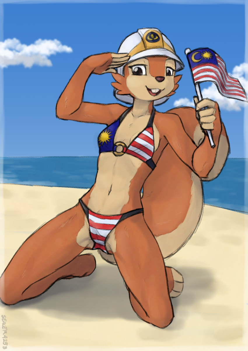 2023 anthro armor beach bikini breasts brown_body brown_fur buckteeth clothing edie_(bomba) female flag flag_(object) flag_bikini fluffy fluffy_tail front_view full-length_portrait fur gesture headgear helmet hi_res holding_flag holding_object jabatan_bomba_dan_penyelamat_malaysia kneeling malaysian malaysian_flag mammal mascot one_eye_closed open_mouth open_smile outside portrait rodent salute sciurid sealer4258 seaside smile solo swimwear tail teeth tree_squirrel