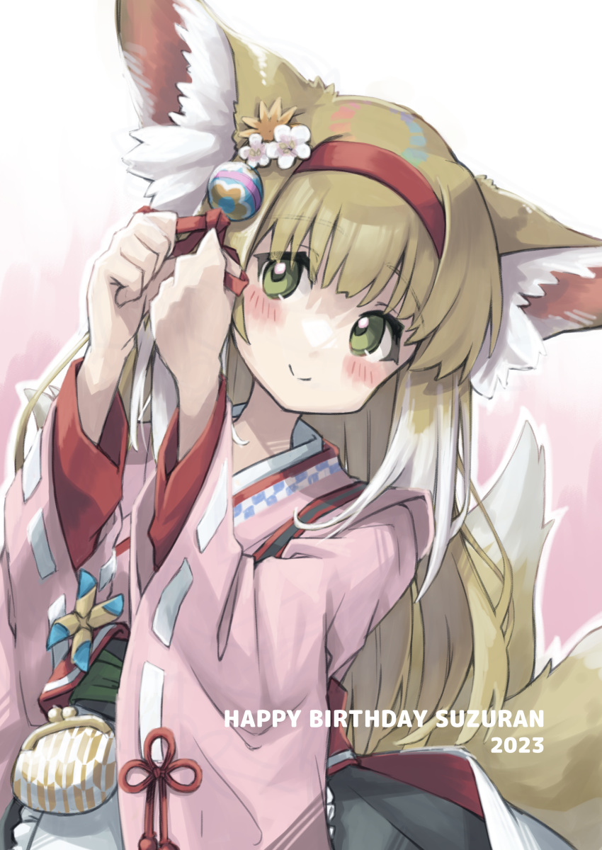 1girl absurdres animal_ear_fluff animal_ears apron arknights blonde_hair blush closed_mouth coin_purse colored_tips commentary_request flower fox_ears fox_girl fox_tail frilled_apron frills green_eyes hair_flower hair_ornament hairband hands_up highres japanese_clothes kimono kitsune kyuubi long_hair long_sleeves multicolored_hair multiple_tails official_alternate_costume pink_kimono pinwheel red_hairband semi_colon smile solo suzuran_(arknights) suzuran_(yukibare)_(arknights) tail two-tone_hair upper_body waist_apron white_hair wide_sleeves yagasuri