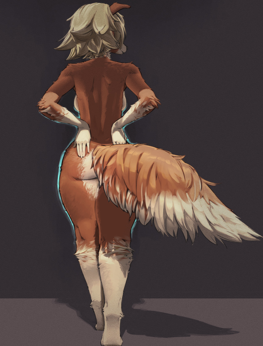 2023 5_fingers absurd_res anthro back_boob big_butt biped black_background black_lips black_nose blonde_hair borzoi breasts brown_body brown_ears brown_fur brown_tail butt canid canine canis digital_drawing_(artwork) digital_media_(artwork) digitigrade domestic_dog facial_markings female fingers fluffy fluffy_tail full-length_portrait fur gloves_(marking) hair head_markings hi_res hunting_dog leg_markings light lighting lips long_tail looking_away mammal markings multicolored_body multicolored_fur muzzle_(marking) napalm_express nude pinup portrait pose rear_view shaded shadow sighthound silent_rain simple_background snout snout_markings socks_(marking) solo tail thick_thighs two_tone_body two_tone_fur two_tone_tail walking white_body white_fur white_tail