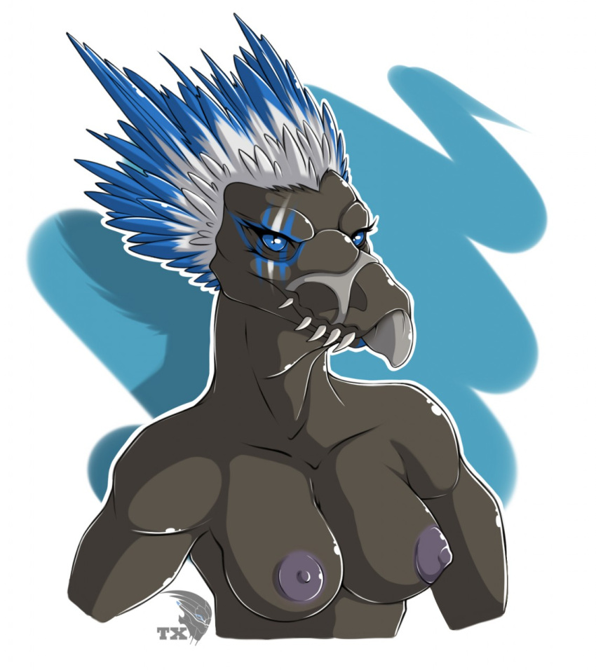 alien anthro areola avian beak blue_body blue_eyes blue_feather_hair blue_feathers breasts bust_portrait cyanotic_epithelium facial_markings feather_hair feathered_crest feathers female grey_body grey_skin halo_(series) head_crest head_markings hi_res kig-yar looking_at_viewer markings microsoft neonyx nipples non-mammal_breasts nude portrait pseudo_hair pupils purple_areola purple_nipples scalie sharp_teeth simple_background slit_pupils solo t'vaoan teeth white_body white_feather_hair white_feathers xbox_game_studios