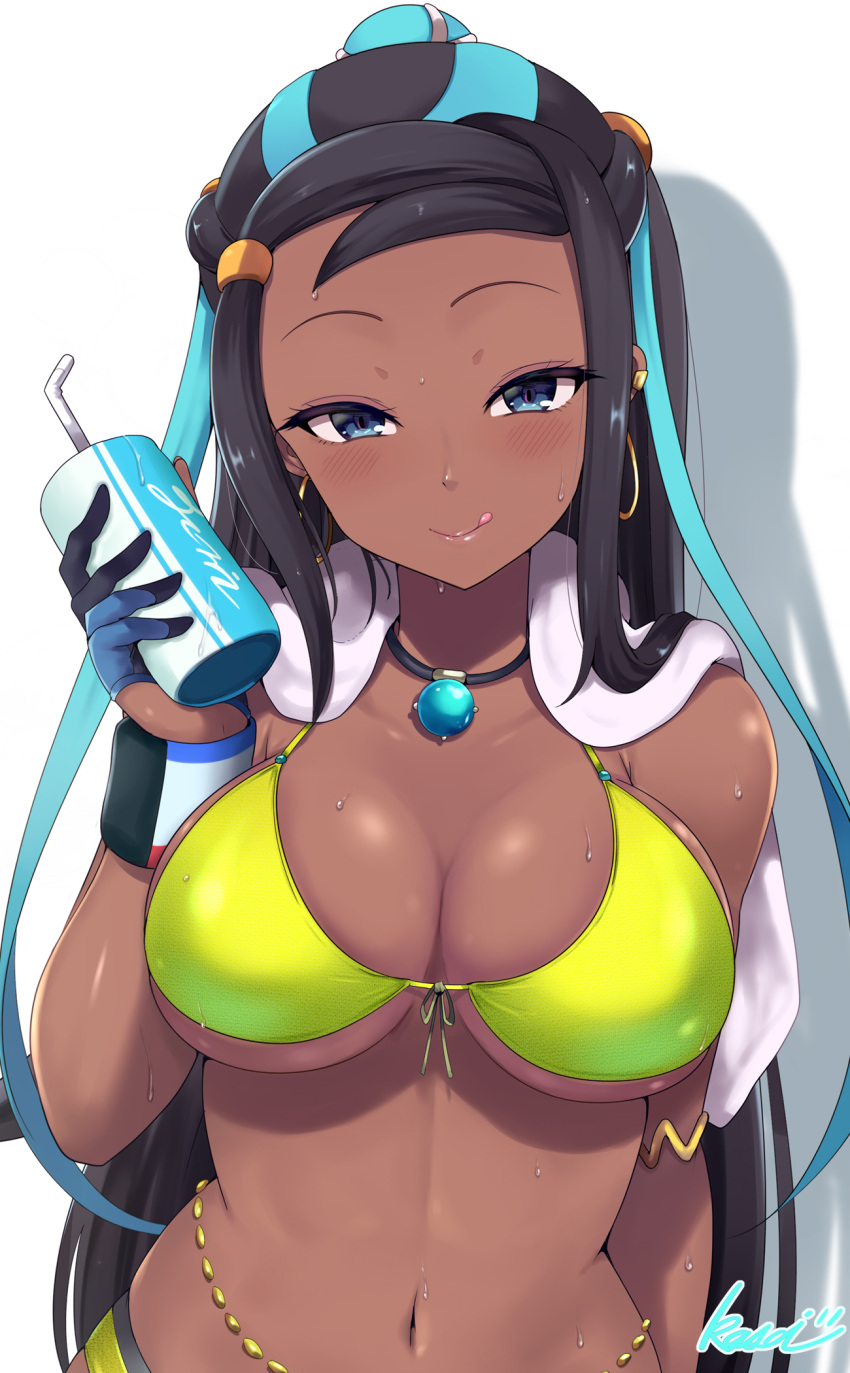 1girl alternate_breast_size aqua_eyes aqua_hair bikini black_hair blue_eyes blue_eyeshadow breasts cleavage dark-skinned_female dark_skin earrings eyeshadow front-tie_bikini_top front-tie_top hair_bun half_down_half_up highres hoop_earrings jewelry kasai_shin large_breasts lips long_hair makeup multicolored_hair navel nessa_(pokemon) pokemon pokemon_(game) pokemon_swsh simple_background single_hair_bun stomach sweat swimsuit tongue tongue_out two-tone_hair white_background yellow_bikini