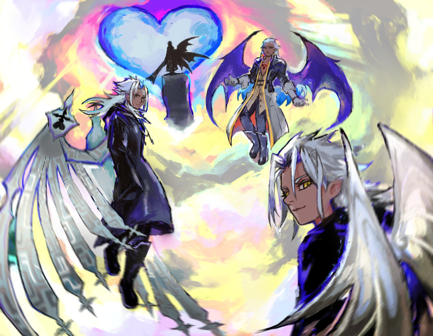 ansem_seeker_of_darkness black_coat_(kingdom_hearts) coat dark-skinned_male dark_skin floating gloves highres hood keyblade kingdom_hearts long_hair looking_at_viewer master_xehanort smile snoozaga white_gloves wings xehanort xemnas yellow_eyes