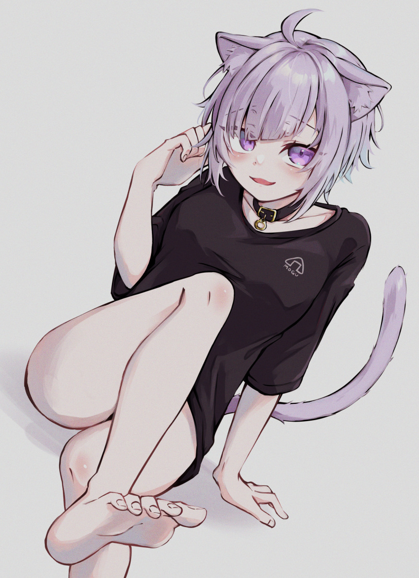 1girl animal_ear_fluff animal_ears ass bare_legs barefoot black_shirt cat_ears cat_girl cat_tail collar feet hair_between_eyes highres hololive jijii_(chang_g) looking_at_viewer nekomata_okayu open_mouth purple_eyes purple_hair purple_tail shirt short_hair smile solo t-shirt tail toes virtual_youtuber