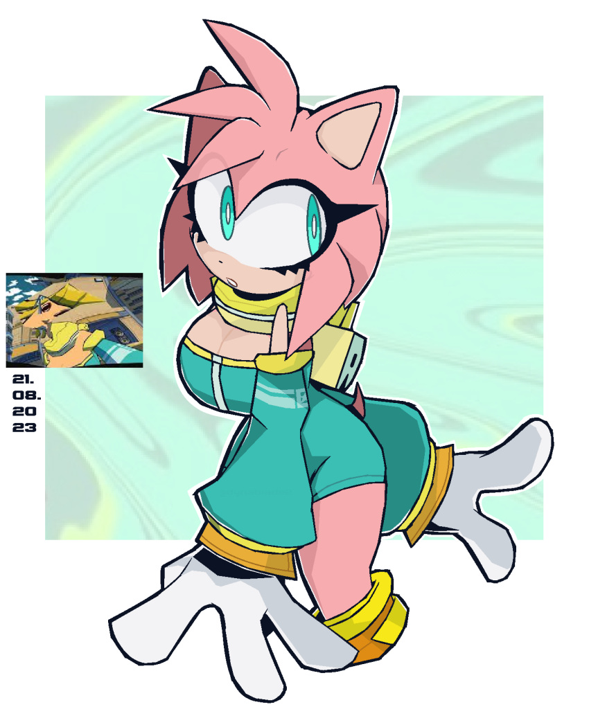 amy_rose anthro armwear blue_eyes bomb_rush_cyberfunk clothing cosplay crossover crossover_cosplay dynablade2 elbow_gloves eulipotyphlan female gloves handwear hedgehog hi_res mammal one_piece_suit pink_body sega solo sonic_the_hedgehog_(series)