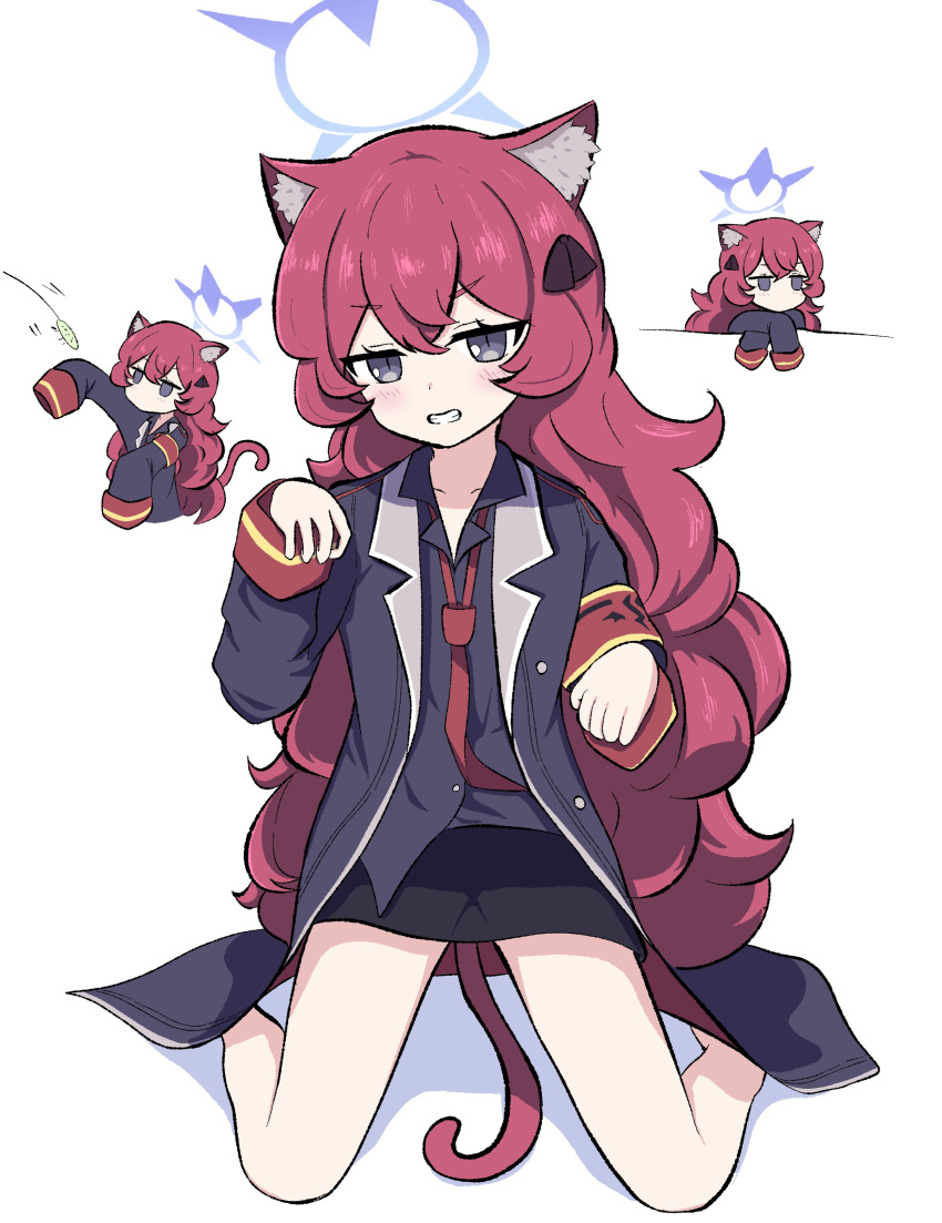 1girl absurdres animal_ear_fluff animal_ears black_ribbon black_skirt blue_archive blue_jacket blue_shirt blush cat_ears cat_girl cat_tail chibi collarbone collared_jacket collared_shirt commentary crossed_bangs grey_eyes grin hair_between_eyes hair_ribbon head_tilt highres iroha_(blue_archive) jacket jitome kemonomimi_mode legs long_hair long_jacket looking_at_viewer loose_necktie multiple_views necktie pencil_skirt red_armband red_necktie ribbon shirt simple_background sitting skirt smile sr4ez tail very_long_hair wariza wavy_hair white_background