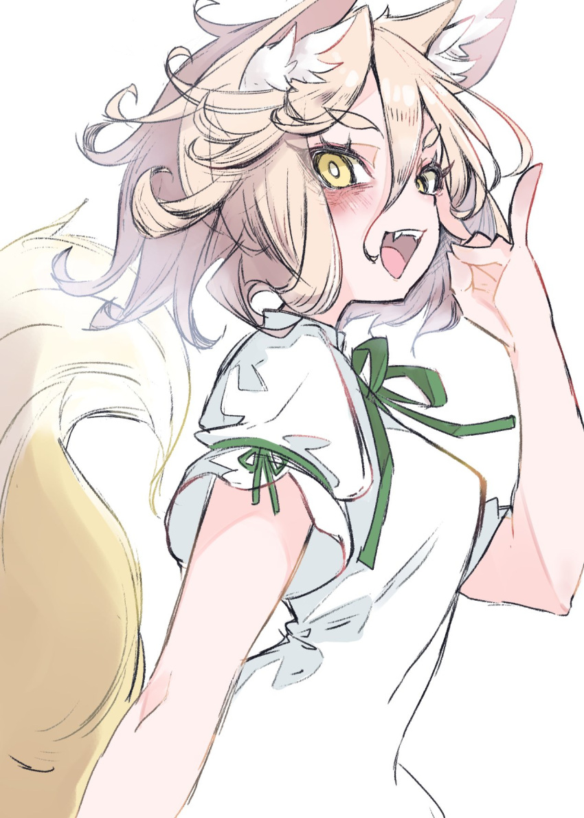 1girl animal_ear_fluff animal_ears blonde_hair blush deal360acv fangs fox_ears fox_tail green_ribbon highres kudamaki_tsukasa looking_at_viewer open_mouth ribbon romper short_hair short_sleeves simple_background solo tail touhou upper_body white_background white_romper yellow_eyes