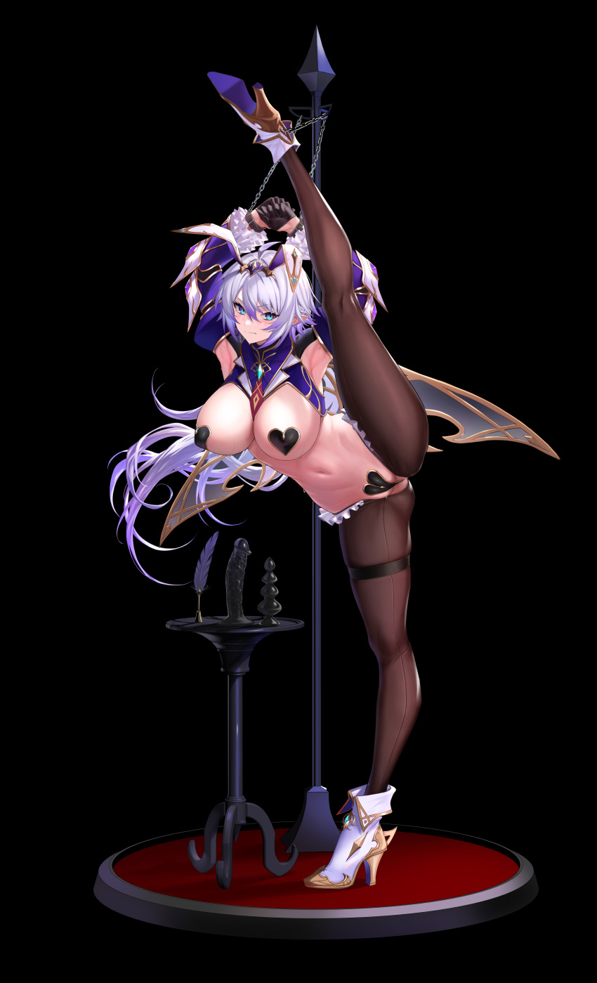 1girl absurdres animal_ears aqua_eyes black_gloves black_hair breasts brown_pantyhose chain closed_mouth fake_animal_ears full_body gloves heart_pasties high_heels highres large_breasts leg_lift long_hair looking_at_viewer navel original pantyhose pasties playboy_bunny purple_hair rabbit_ears restrained sex_toy simple_background solo stomach thighs ulrich_(tagaragakuin) white_footwear