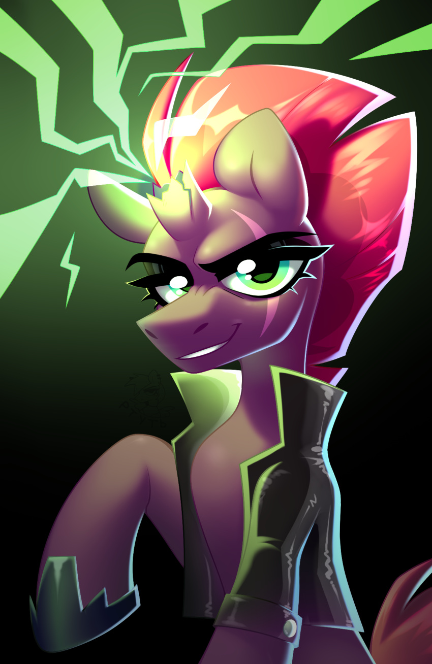 broken_horn clothing digital_media_(artwork) equid equine eye_scar eyebrows eyelashes facial_scar female feral footwear friendship_is_magic fur green_eyes hair hasbro hi_res horn jacket looking_at_viewer magic mammal mohawk my_little_pony my_little_pony:_the_movie_(2017) pink_hair pink_tail purple_body purple_fur rtootb scar shoes smile solo tail tempest_shadow_(mlp) topwear unicorn