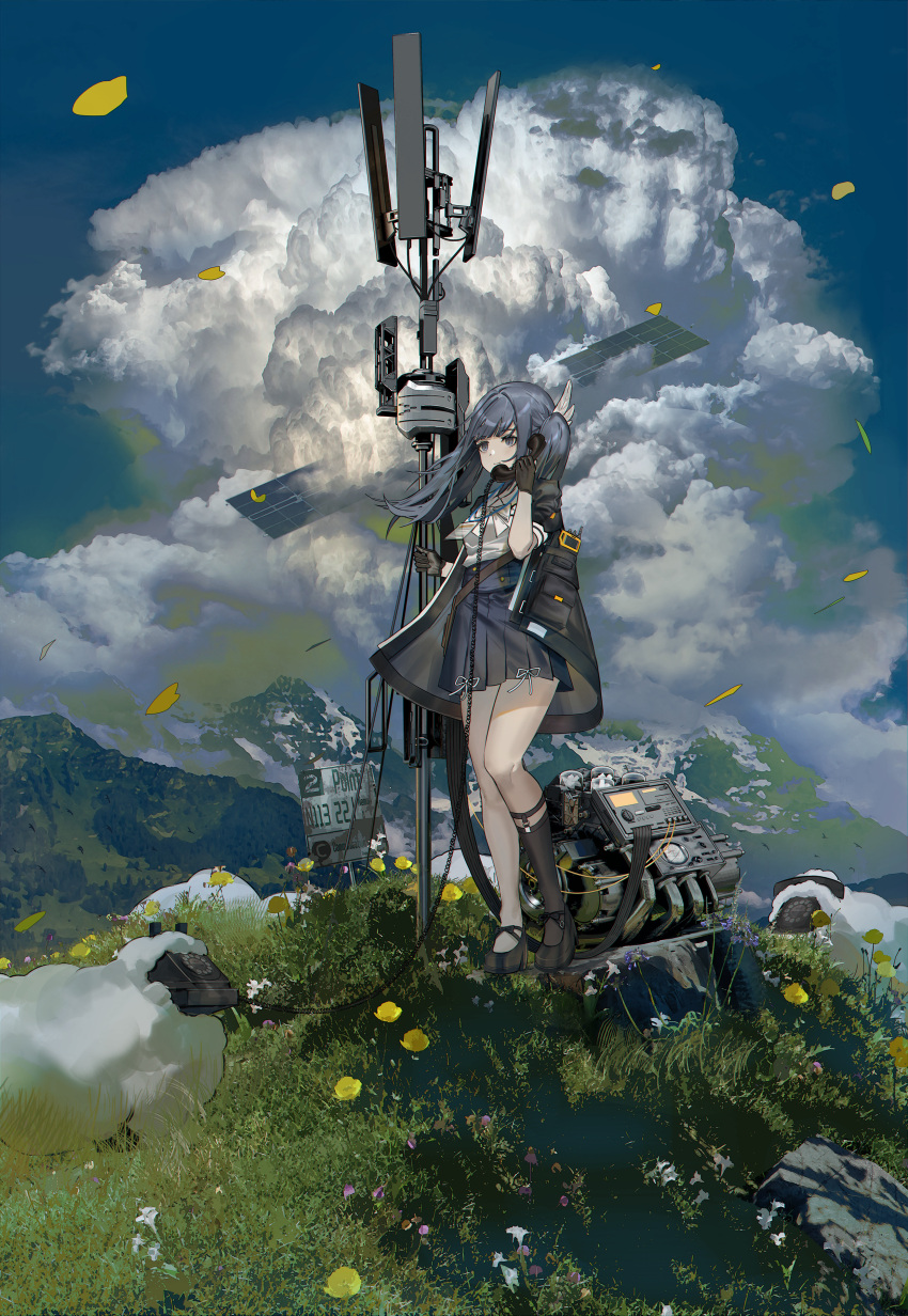 1girl absurdres black_footwear black_gloves black_jacket black_socks blue_eyes blue_hair blue_skirt cloud cloudy_sky collared_shirt corded_phone feather_hair_ornament feathers flower geki_dan gloves hair_ornament high-waist_skirt high_heels highres holding holding_phone id_card jacket knee_strap kneehighs lanyard leaf original phone pleated_skirt pumps ribbon road_sign sheep shirt short_sleeves sign single_sock skirt sky socks standing twintails white_ribbon white_shirt