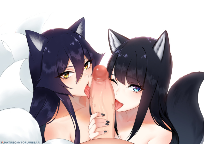 1boy 2girls ahri_(league_of_legends) animal_ear_fluff animal_ears black_hair black_nails black_tail blue_eyes character_request collarbone cooperative_fellatio fellatio hetero large_penis league_of_legends licking licking_penis looking_at_viewer multiple_girls multiple_tails one_eye_closed oral penis pov simple_background tail tofuubear tongue tongue_out white_background white_tail yellow_eyes