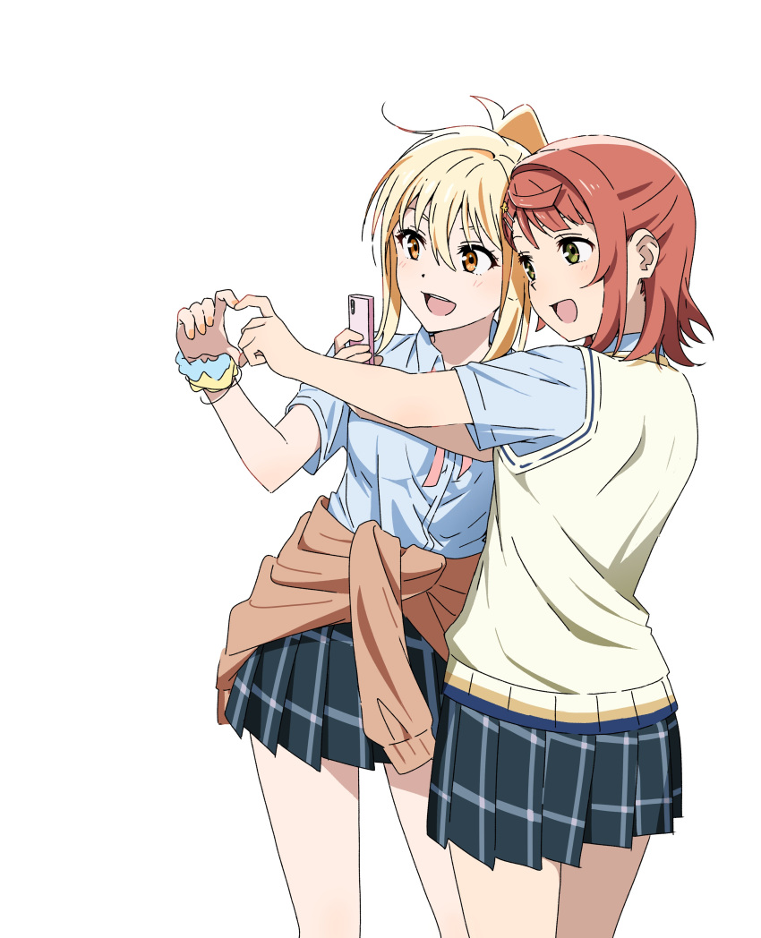 2girls absurdres blonde_hair blue_shirt breasts brown_jacket clothes_around_waist collared_shirt gyaru heart heart_hands heart_hands_duo highres holding holding_phone jacket jacket_around_waist love_live! love_live!_nijigasaki_high_school_idol_club medium_breasts miyashita_ai multiple_girls nijigasaki_academy_school_uniform orange_eyes phone ponytail school_uniform scrunchie shirt short_hair short_sleeves standing summer_uniform uehara_ayumu vest white_background wrist_scrunchie yellow_eyes yellow_vest yokota_takumi