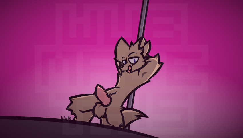 absurd_res anthro balls blue_eyes canid canine crouching dancing genitals hi_res hybrid inner_ear_fluff jack_(jackwolf) knot looking_at_viewer male mammal nude penis pole pole_dancing ribbed_penis signature solo tongue tongue_out tuft watermark wub_(artist)