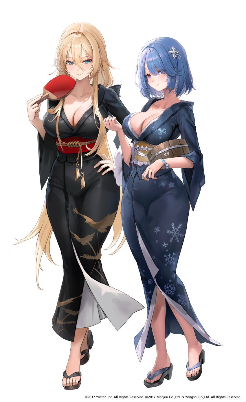 2girls absurdres alternate_costume aqua_eyes azur_lane blonde_hair blue_hair breasts chapayev_(azur_lane) cleavage closed_mouth freng full_body hair_between_eyes hair_ornament hand_on_own_hip highres implacable_(azur_lane) japanese_clothes large_breasts long_hair long_sleeves looking_at_viewer mole mole_on_breast multiple_girls official_art purple_eyes short_hair sidelocks simple_background smile white_background wide_sleeves