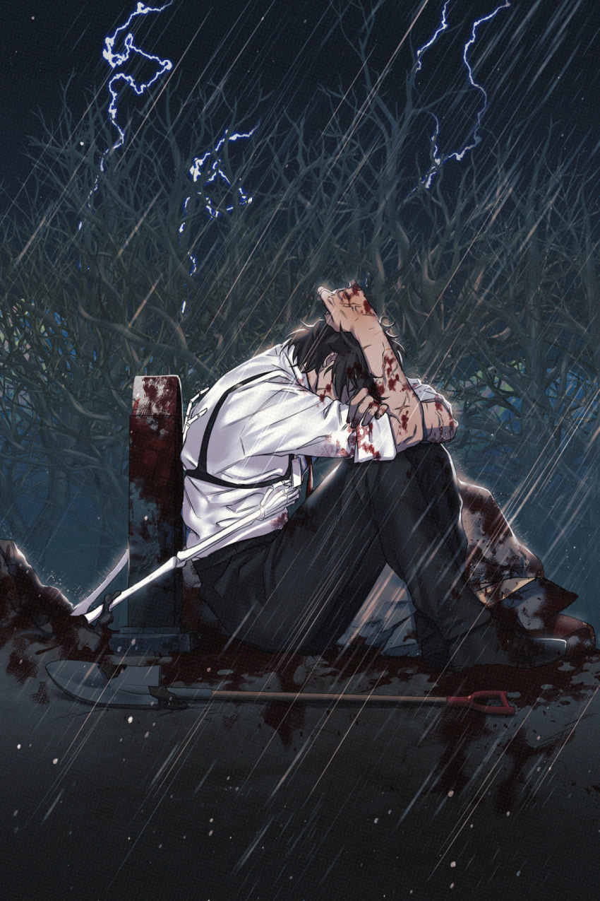 1boy blood blood_on_arm blood_on_clothes blood_on_face blood_splatter brown_hair dark-skinned_male dark_skin fetal_position heathcliff_(limbus_company) highres lightning limbus_company notree02 project_moon rain shirt short_hair shovel skeletal_hand solo_focus tombstone white_shirt