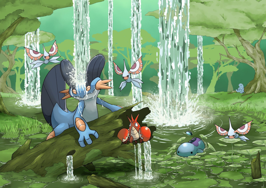^_^ animal_focus closed_eyes commentary_request corphish crab fins floating flying forest grass green_sky head_fins highres masquerain nature no_humans partially_submerged pokemon pokemon_(creature) pond q-chan quagsire sitting solid_circle_eyes swampert swimming tail tree water waterfall wings