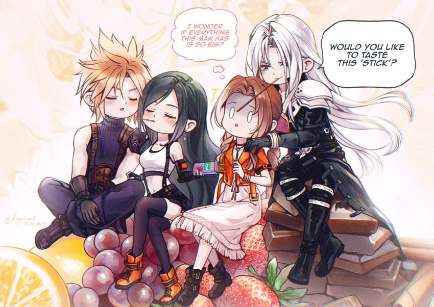 2boys 2girls ^^^ aerith_gainsborough armor baggy_pants bangle bare_shoulders black_coat black_footwear black_gloves black_hair black_pants black_skirt black_thighhighs blonde_hair blush boots bracelet braid braided_ponytail breasts brown_hair chocolate closed_eyes cloud_strife coat commentary couple crop_top crossed_legs dress earrings elbow_gloves english_commentary english_text final_fantasy final_fantasy_vii final_fantasy_vii_remake food food_in_mouth fruit full_body gloves grapes green_eyes grey_hair hair_ribbon hand_on_another's_shoulder holding holding_food holding_pocky incoming_pocky_kiss indian_style jacket jewelry kay-i lemon lemon_slice long_hair medium_breasts midriff multiple_boys multiple_girls navel pants parted_bangs parted_lips pink_dress pink_ribbon pocky pocky_day pocky_in_mouth red_footwear red_jacket ribbed_sweater ribbon sephiroth shoulder_armor sidelocks single_bare_shoulder single_earring sitting skirt sleeveless sleeveless_turtleneck speech_bubble spiked_hair strawberry suspender_skirt suspenders sweater swept_bangs tank_top teardrop_earrings thighhighs tifa_lockhart turtleneck turtleneck_sweater very_long_hair white_tank_top zettai_ryouiki