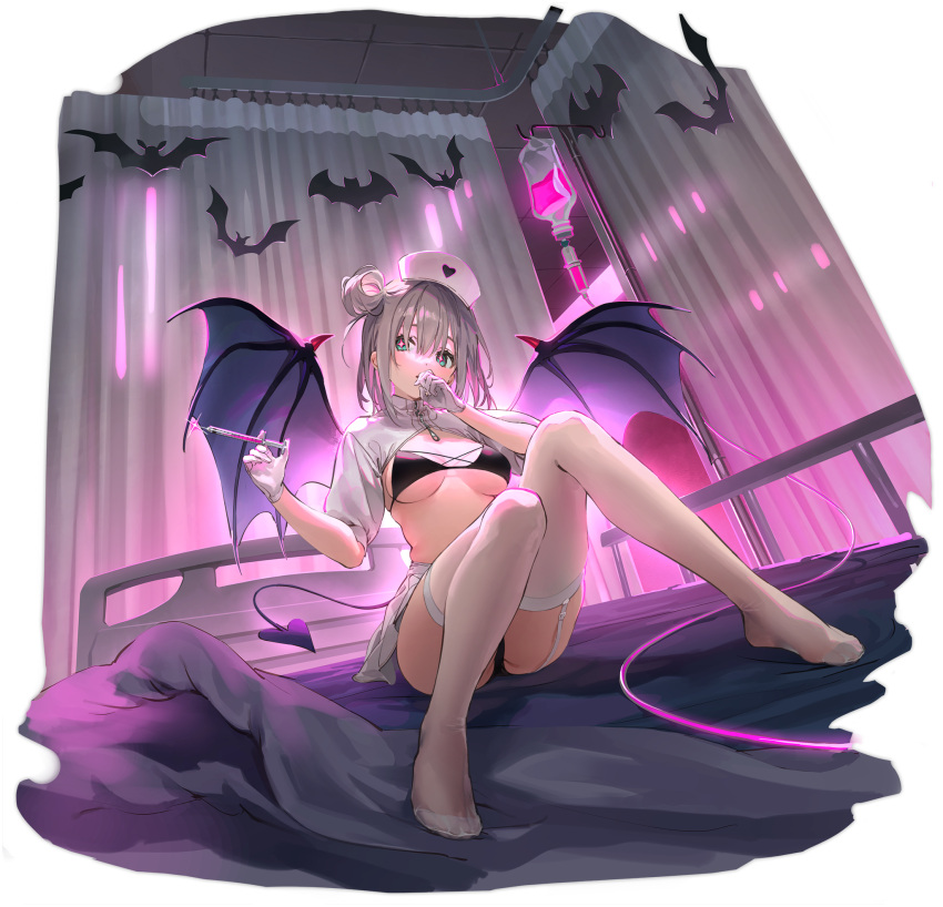 1girl azur_lane bat_(animal) bat_wings black_bra black_panties black_underwear bra demon_tail dsmile garter_straps gloves green_eyes grey_hair halloween hand_on_own_face hat highres logo manchester_(azur_lane) manchester_(midnight_devil_in_white)_(azur_lane) nurse nurse_cap official_alternate_costume official_art panties pumpkin short_hair short_sleeves shrug_(clothing) sitting syringe tail thighhighs tree underwear white_gloves white_thighhighs wings